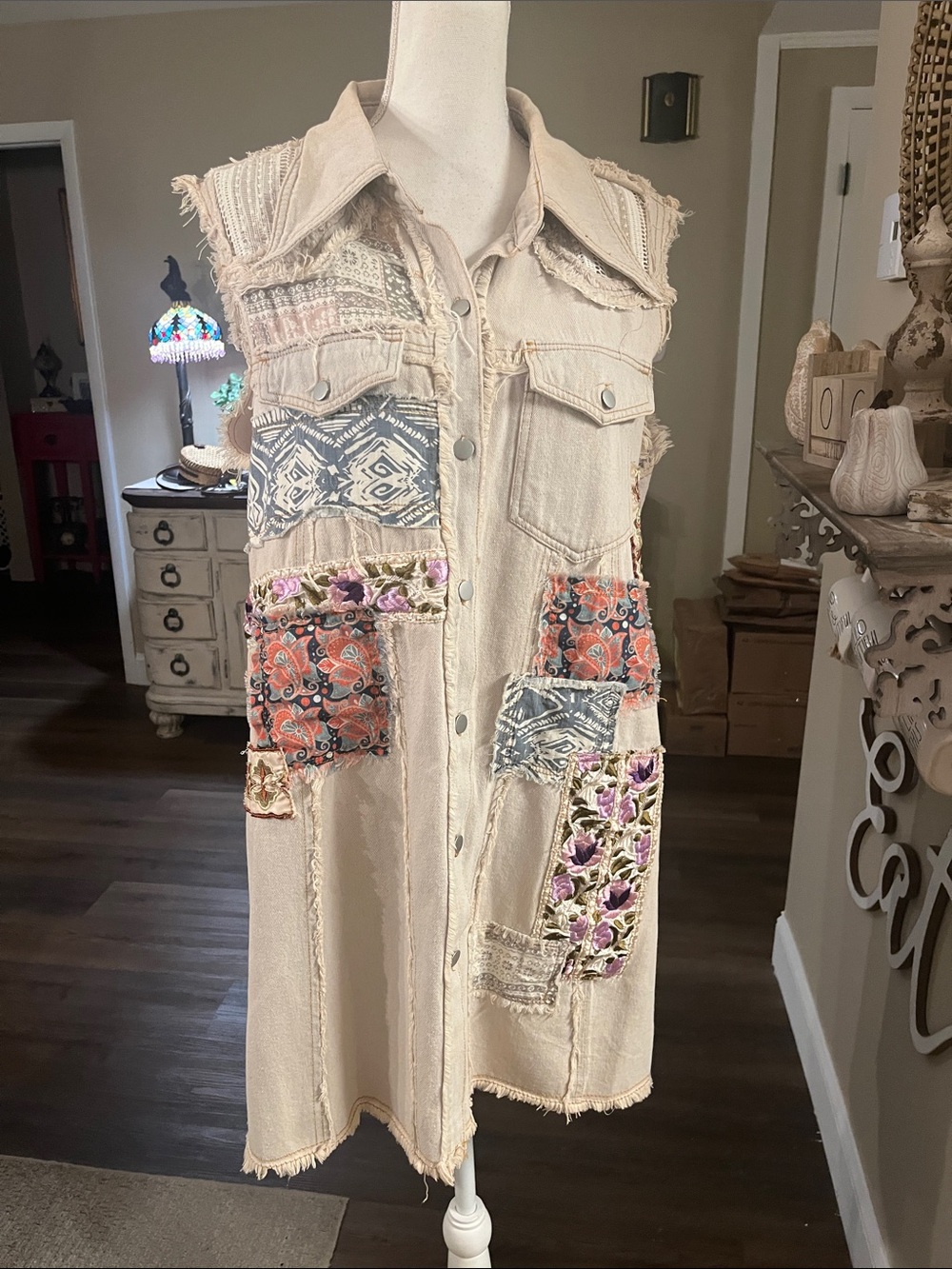 POL Beige Patchwork Midi Shirt Dress